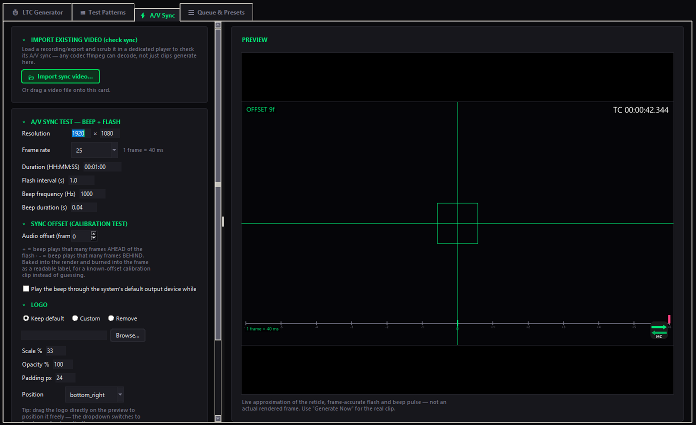 MID Generator A/V Sync tab with beep and flash calibration preview