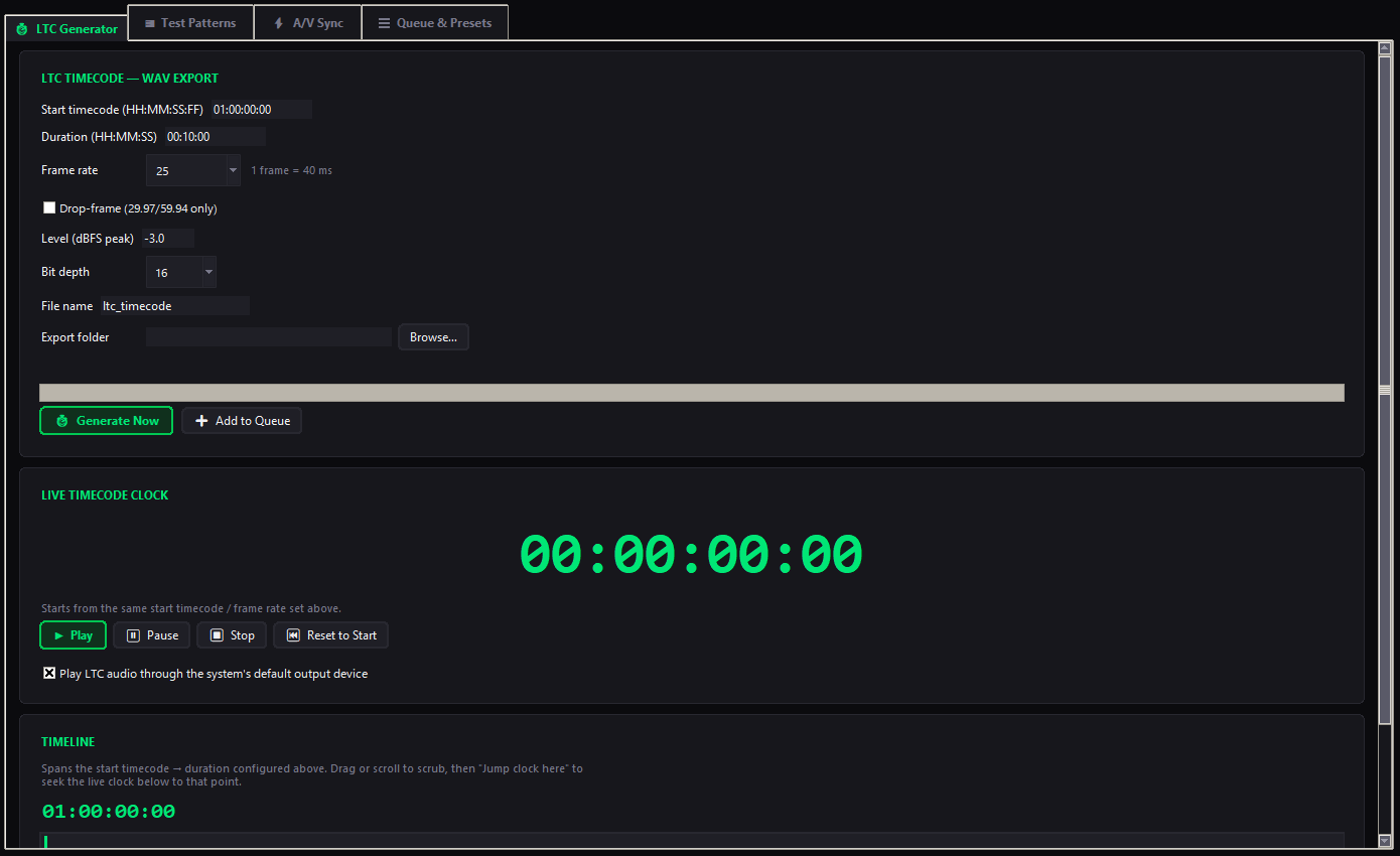 MID Generator LTC timecode tab with live timecode clock
