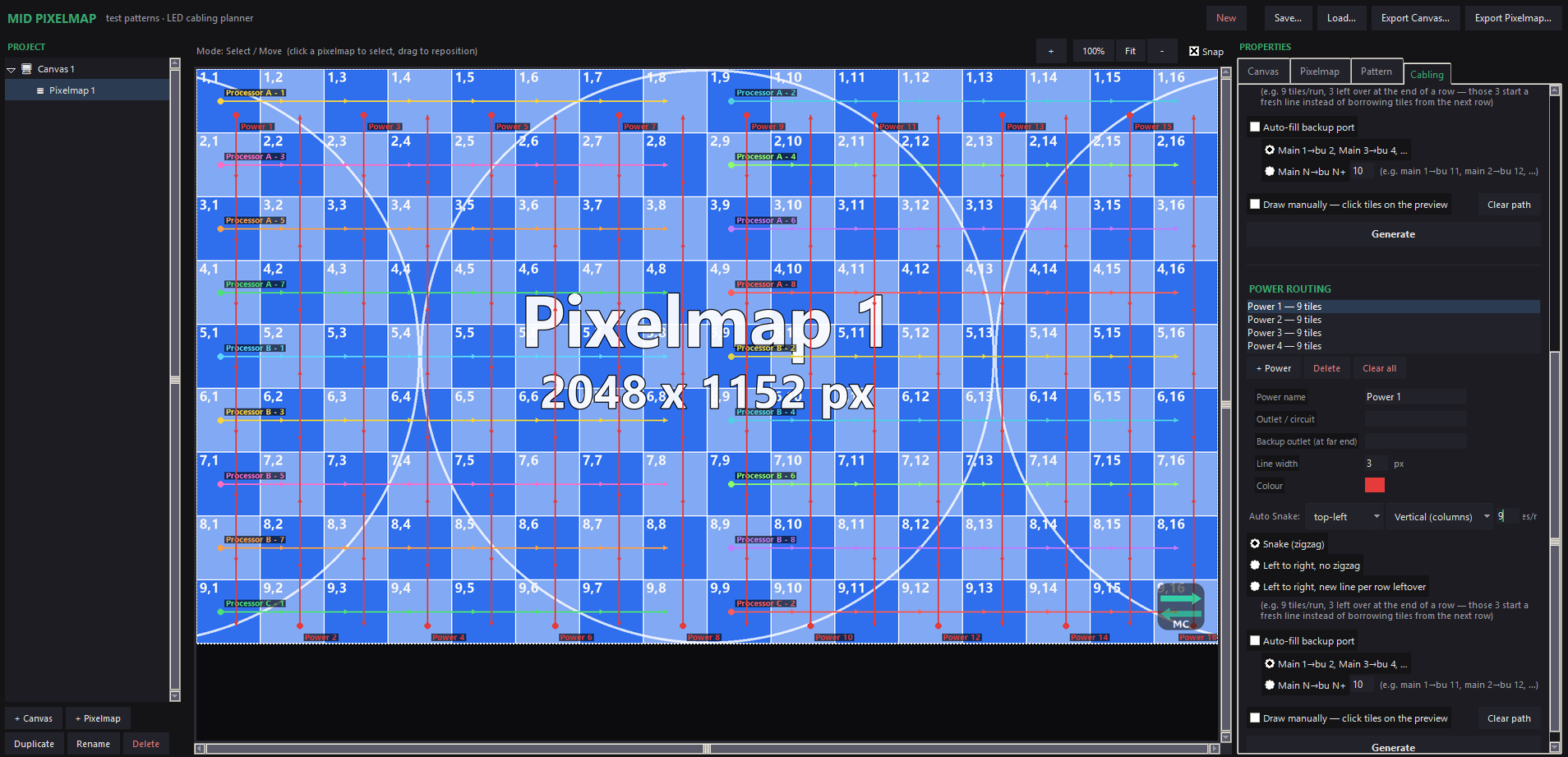 MID Pixelmap cabling planner with power routing overlay