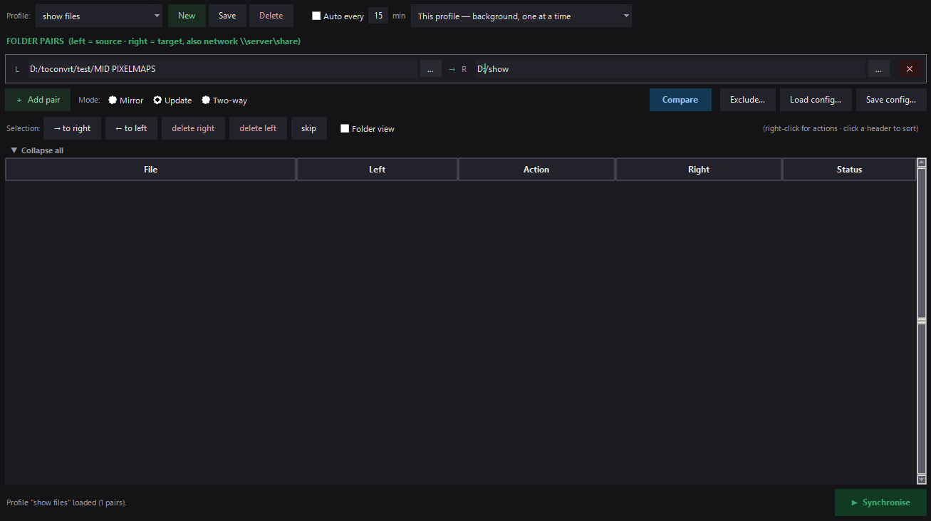 MID Sync folder pair configuration with mirror/update/two-way modes