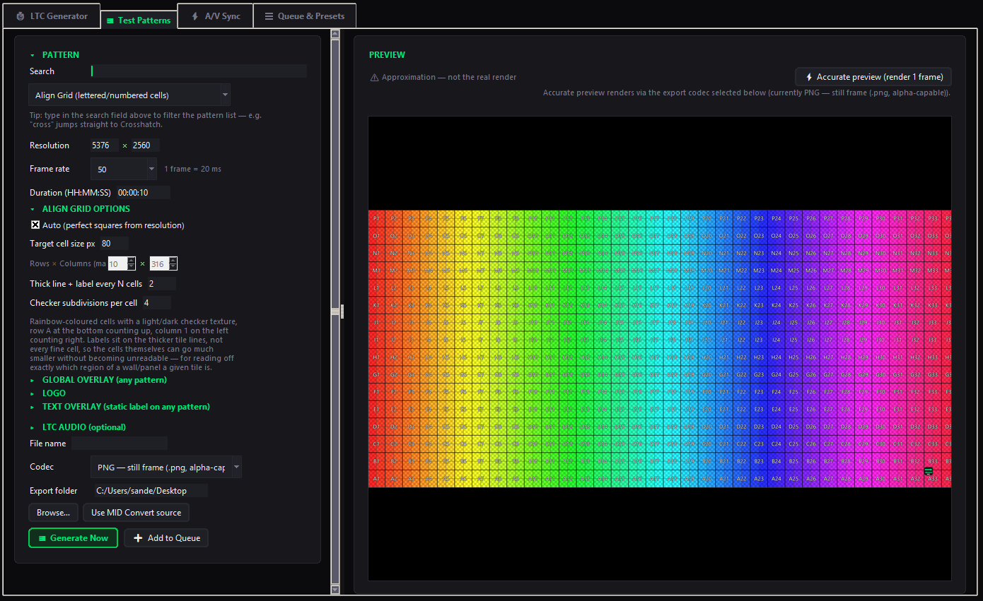 MID Generator test pattern preview showing a lettered/numbered alignment grid