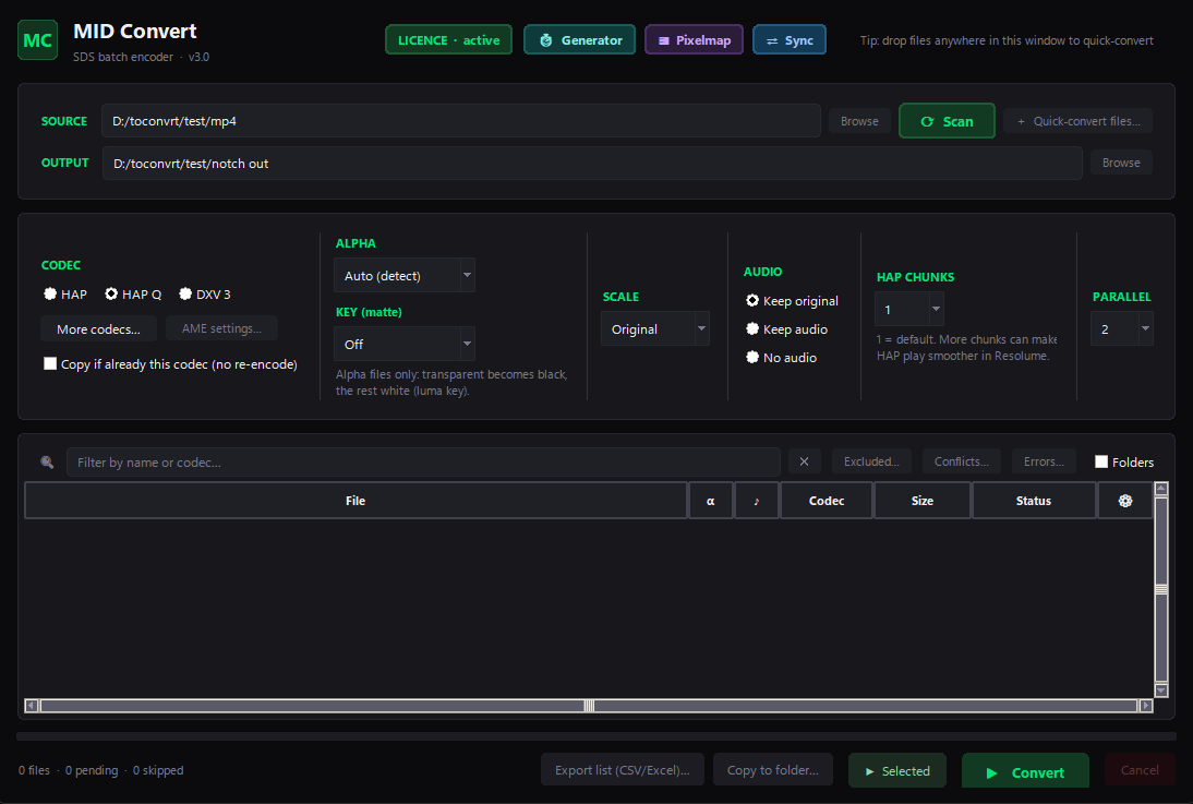 MID Convert main window — batch conversion queue with codec, alpha and audio settings